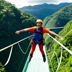 A person in complete, professional bungee jumping safety gear, suspended in mid-air immediately after a jump, with an expression of pure exhilaration and triumph. The background features a deep, lush green river gorge in Costa Rica, with the iconic Rio Blanco bridge visible in the distance under a clear sky. Perfect anatomy, correct proportions, natural pose, well-formed hands, proper finger count, natural body proportions. Fully clothed, modest clothing, appropriate attire, professional dress, safe for work, appropriate content, professional photography, cinematic lighting, high detail, realistic, vibrant colors, family-friendly.
