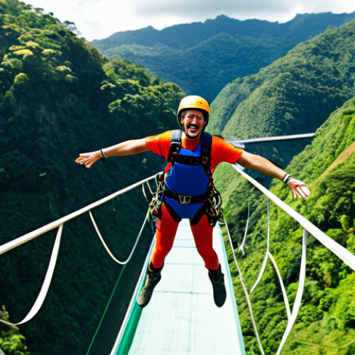 A person in complete, professional bungee jumping safety gear, suspended in mid-air immediately after a jump, with an expression of pure exhilaration and triumph. The background features a deep, lush green river gorge in Costa Rica, with the iconic Rio Blanco bridge visible in the distance under a clear sky. Perfect anatomy, correct proportions, natural pose, well-formed hands, proper finger count, natural body proportions. Fully clothed, modest clothing, appropriate attire, professional dress, safe for work, appropriate content, professional photography, cinematic lighting, high detail, realistic, vibrant colors, family-friendly.