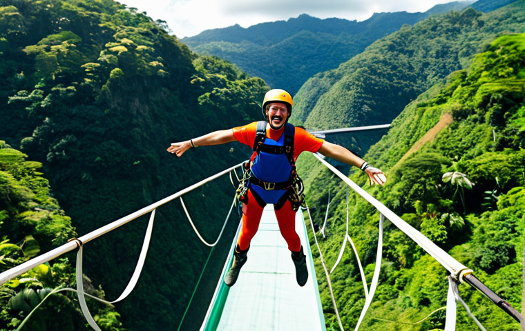 A person in complete, professional bungee jumping safety gear, suspended in mid-air immediately after a jump, with an expression of pure exhilaration and triumph. The background features a deep, lush green river gorge in Costa Rica, with the iconic Rio Blanco bridge visible in the distance under a clear sky. Perfect anatomy, correct proportions, natural pose, well-formed hands, proper finger count, natural body proportions. Fully clothed, modest clothing, appropriate attire, professional dress, safe for work, appropriate content, professional photography, cinematic lighting, high detail, realistic, vibrant colors, family-friendly.